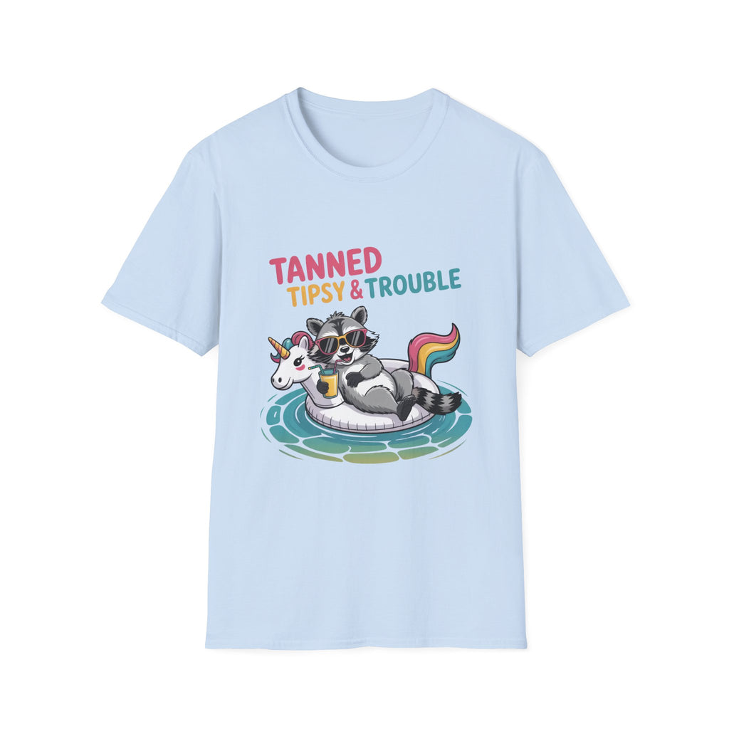 T-Shirt — "Tanned Tipsy & Trouble" Raccoon Summer Tee