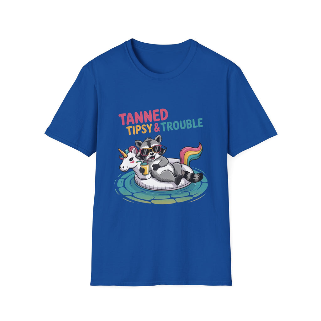 T-Shirt — "Tanned Tipsy & Trouble" Raccoon Summer Tee