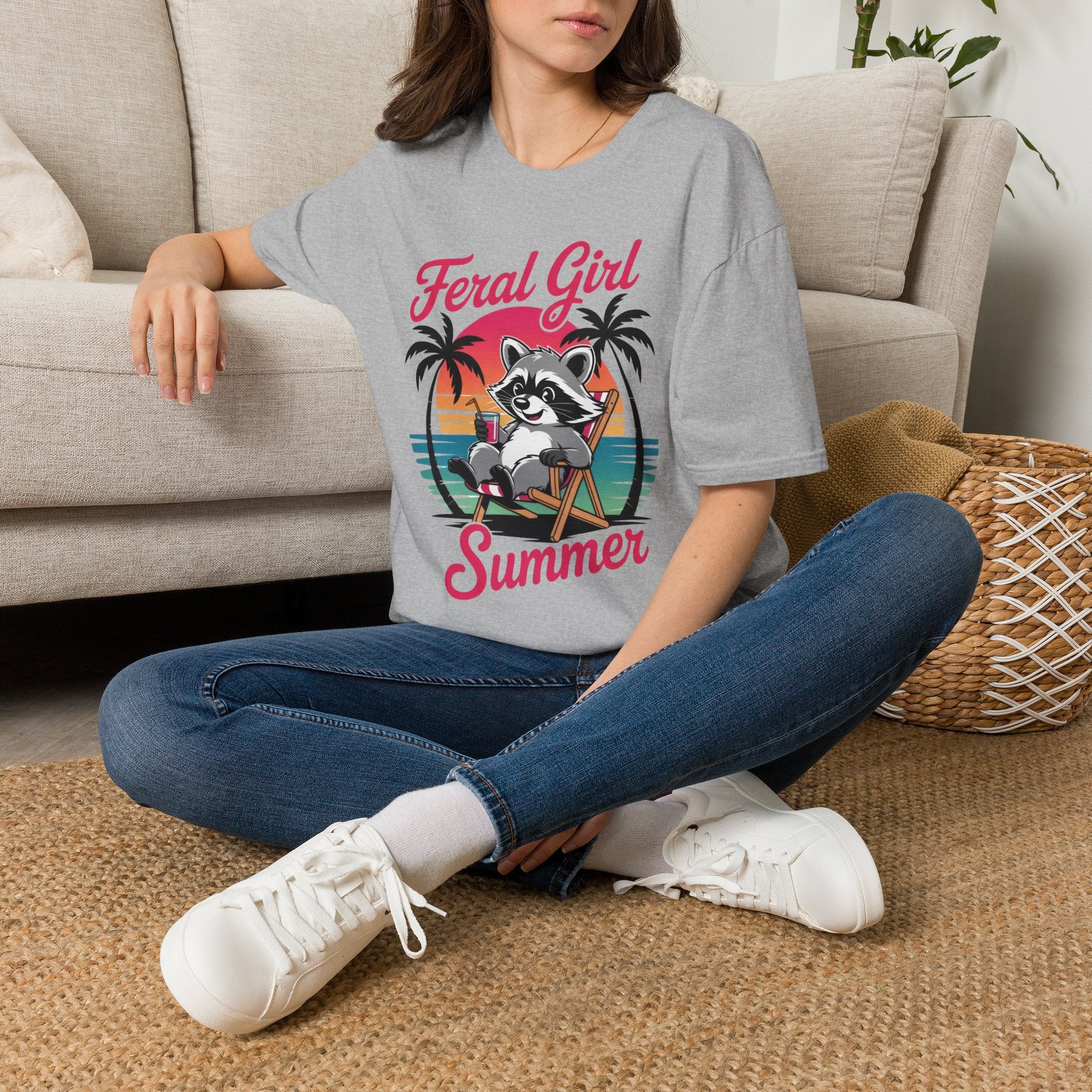 Feral Girl Summer T-Shirt — Retro Raccoon Beach Graphic Tee