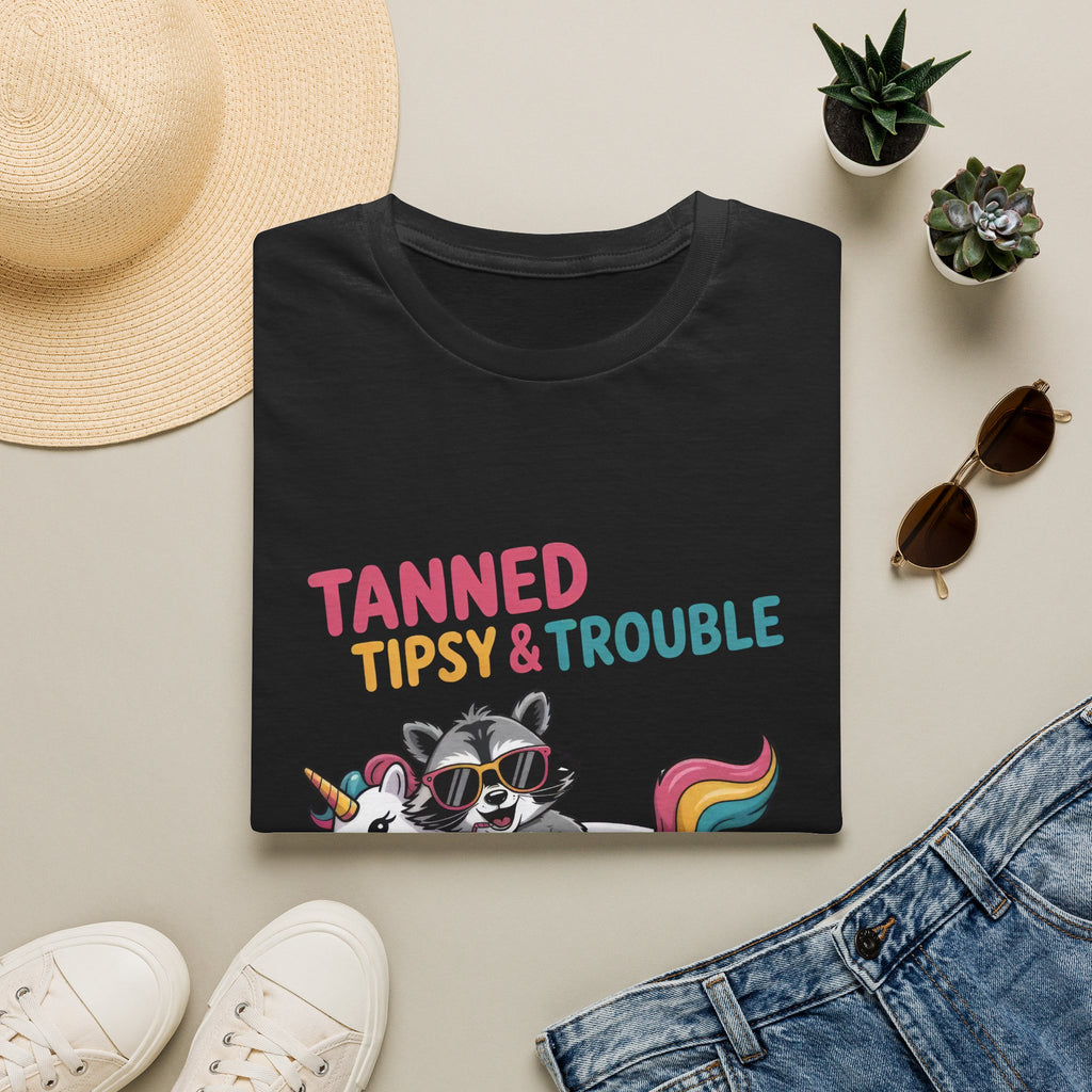 T-Shirt — "Tanned Tipsy & Trouble" Raccoon Summer Tee
