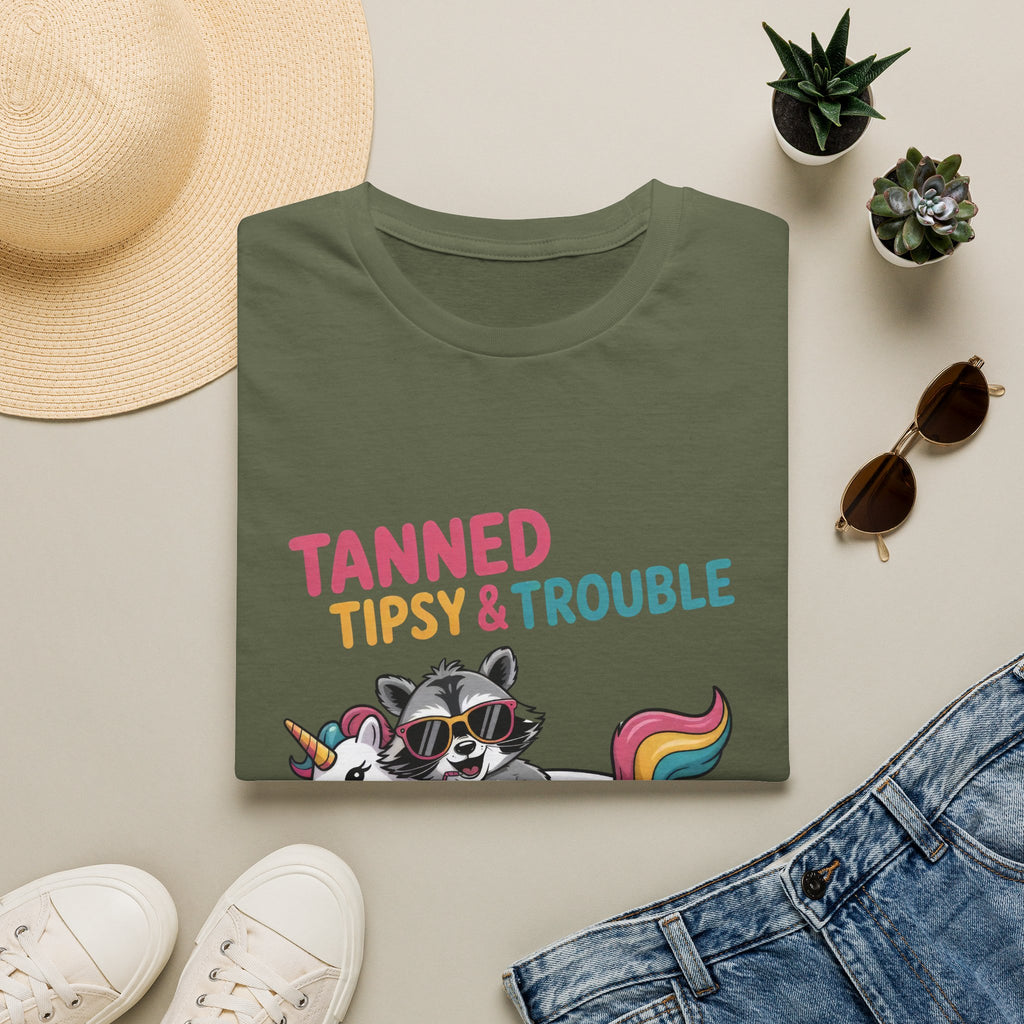 T-Shirt — "Tanned Tipsy & Trouble" Raccoon Summer Tee