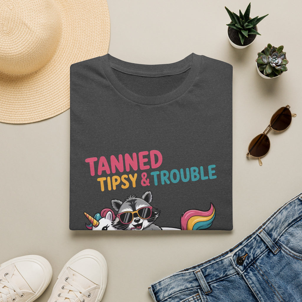 T-Shirt — "Tanned Tipsy & Trouble" Raccoon Summer Tee