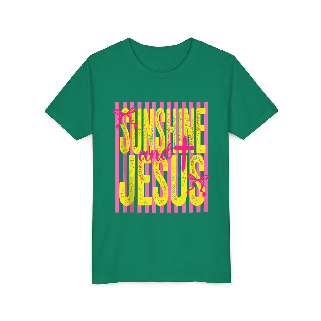 Youth Tee — "Sunshine and Jesus" Pink & Yellow Striped Christian Graphic