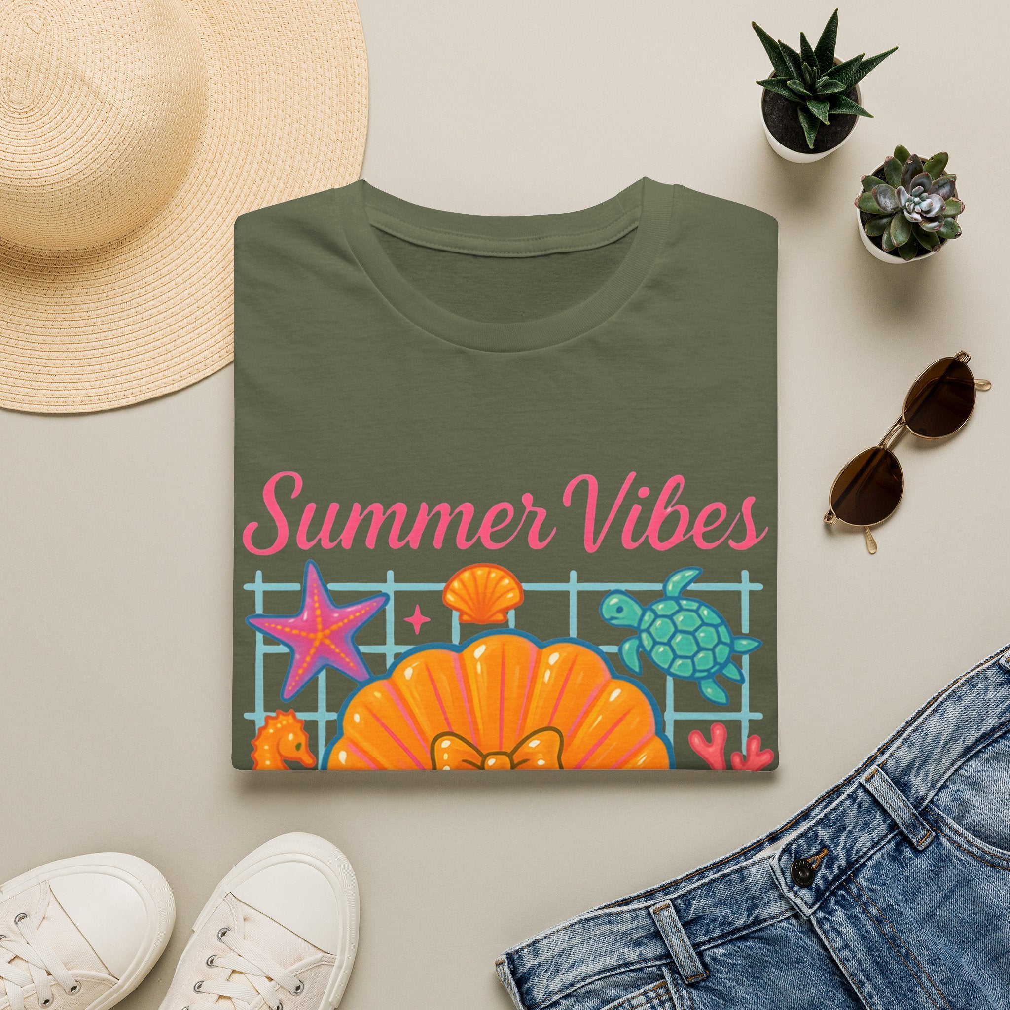 T-Shirt — "Summer Vibes" Seashell & Sea Life Beach Tee
