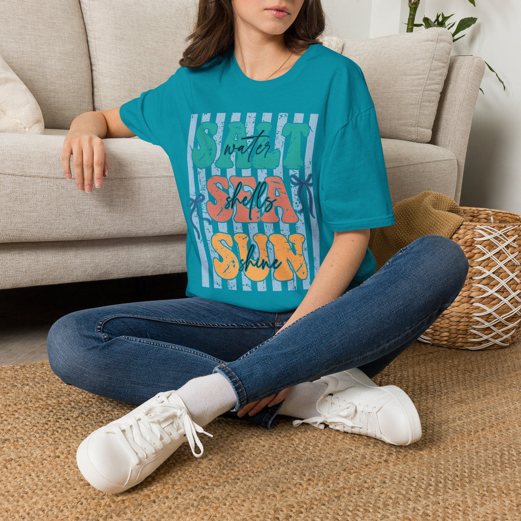 Beach Vibes T-Shirt — "Salt Water, Sea Shells, Sun" Retro Stripes