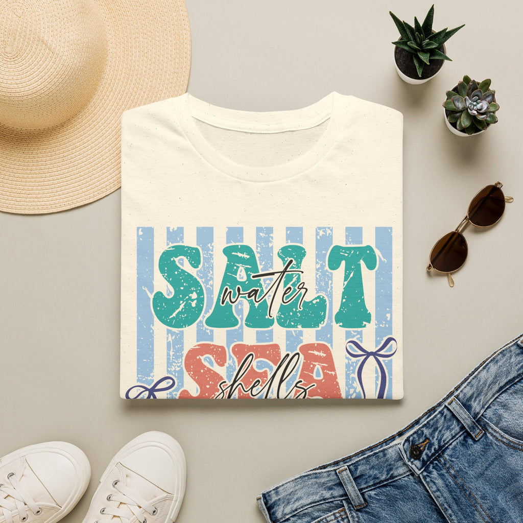 Beach Vibes T-Shirt — "Salt Water, Sea Shells, Sun" Retro Stripes