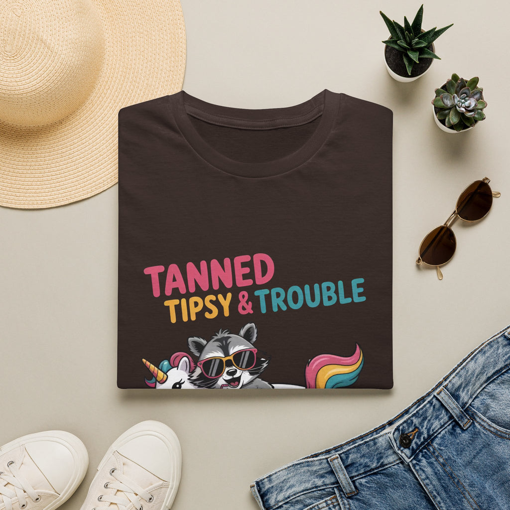 T-Shirt — "Tanned Tipsy & Trouble" Raccoon Summer Tee