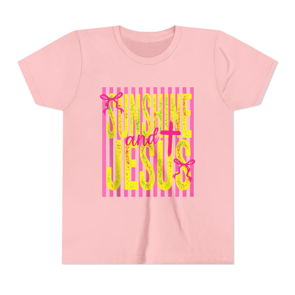 Youth Tee — "Sunshine and Jesus" Pink & Yellow Striped Christian Graphic