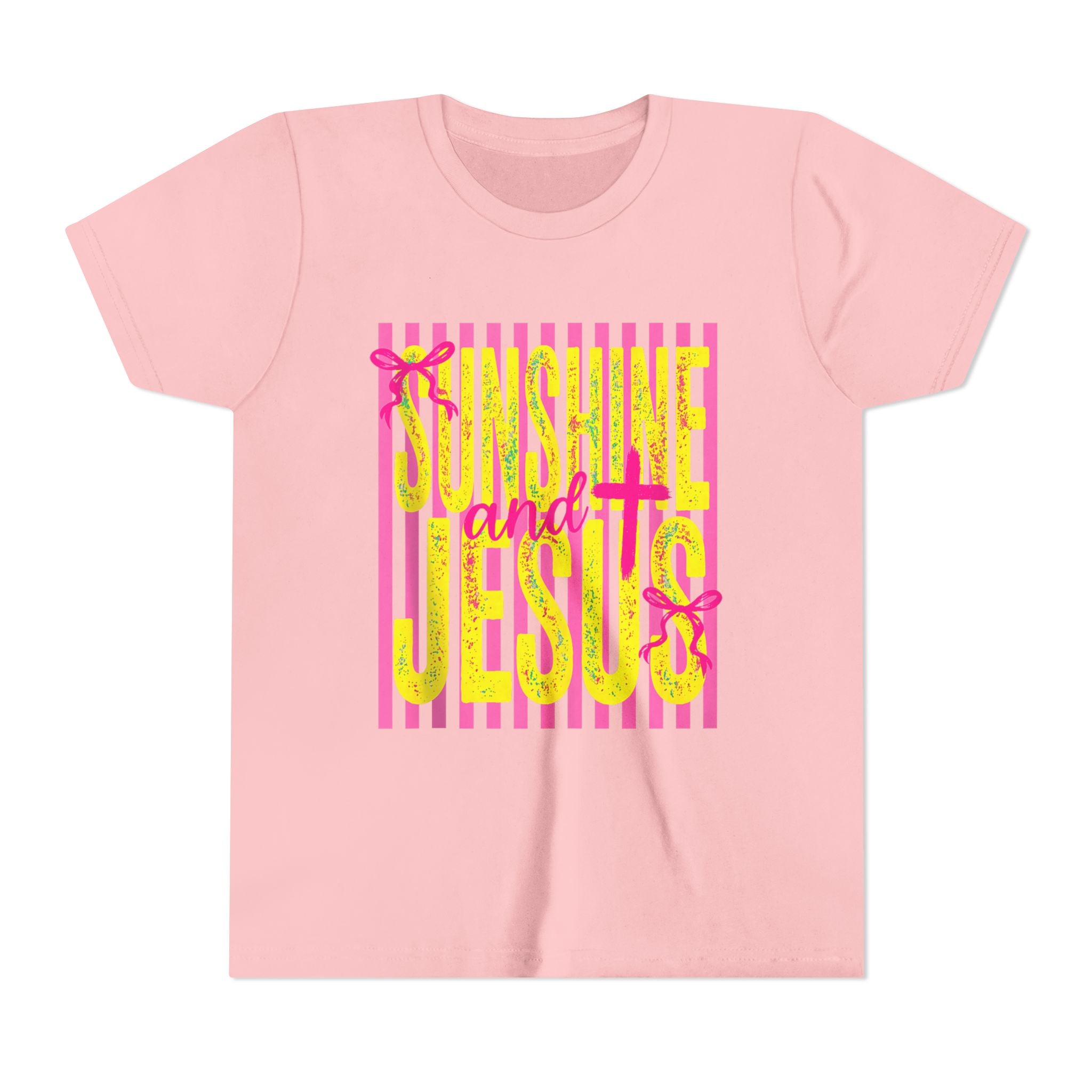 Youth Tee — "Sunshine and Jesus" Pink & Yellow Striped Christian Graphic
