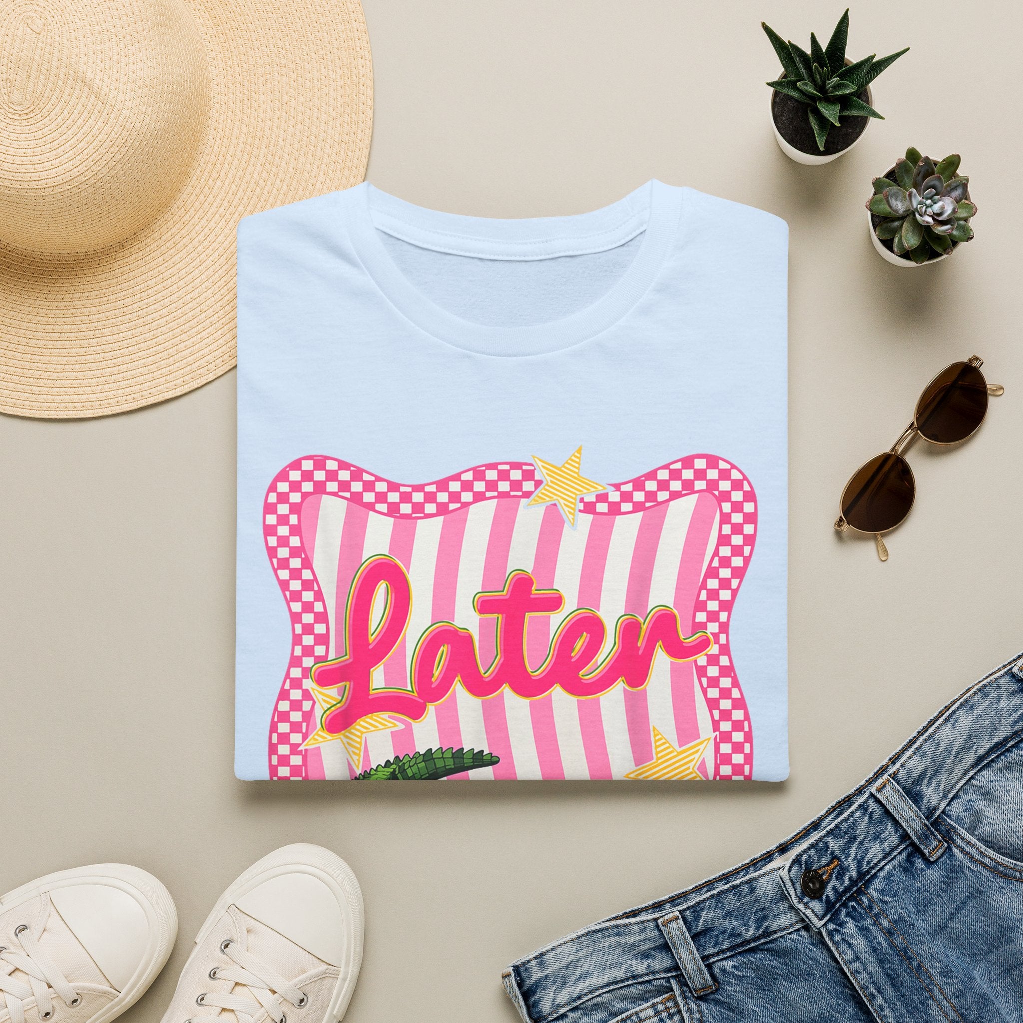 Later Graphic T‑Shirt — Retro Pink Stripe Alligator Design