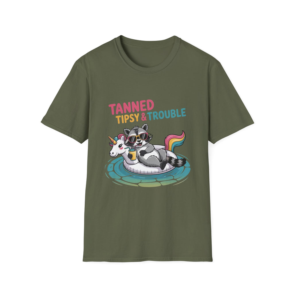 T-Shirt — "Tanned Tipsy & Trouble" Raccoon Summer Tee