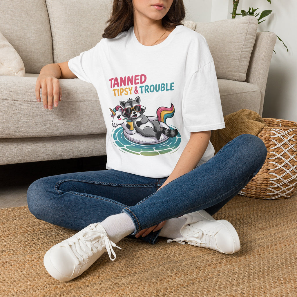 T-Shirt — "Tanned Tipsy & Trouble" Raccoon Summer Tee