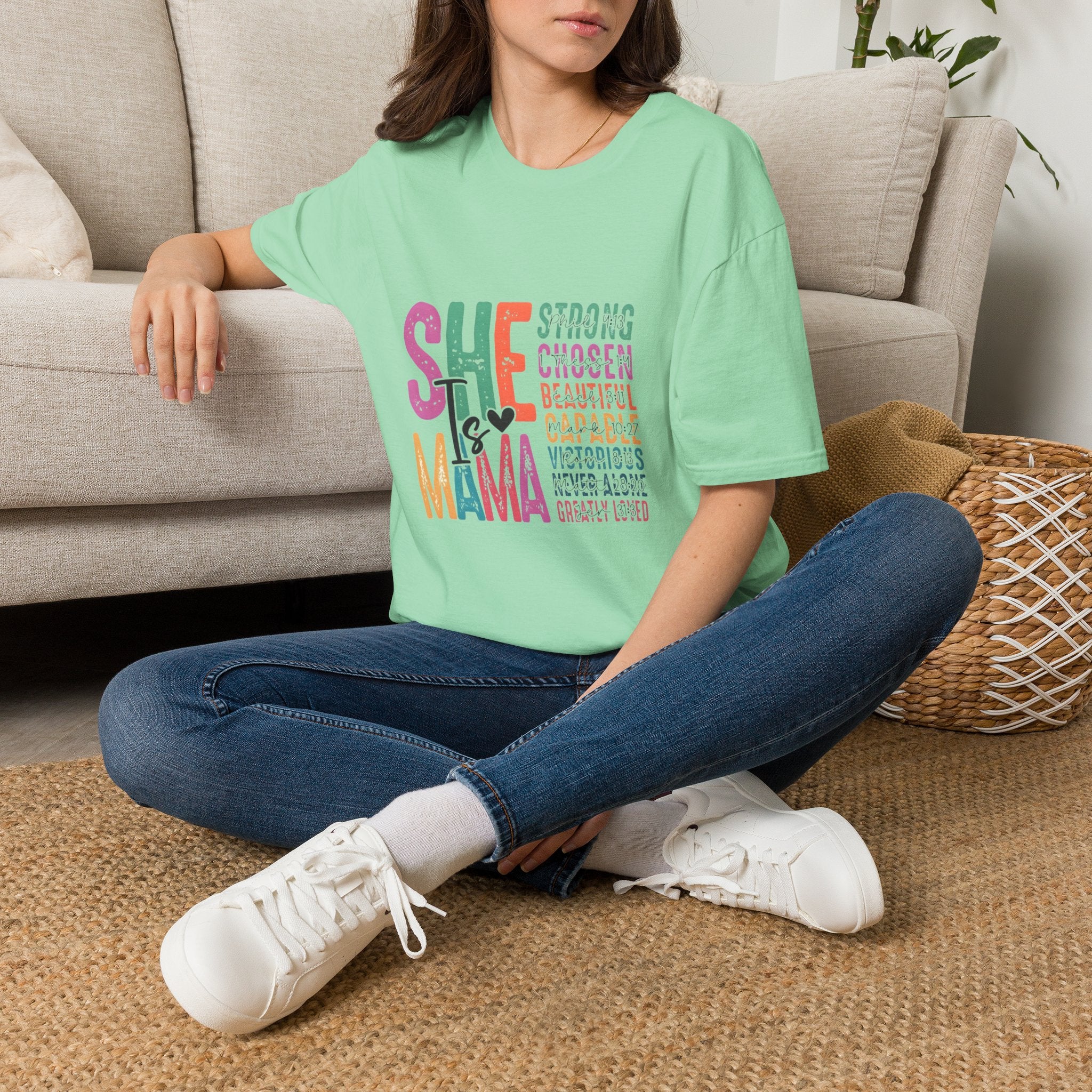 Mama T-Shirt — "She is Mama" Inspirational Mom Shirt (Strong • Chosen • Beautiful)