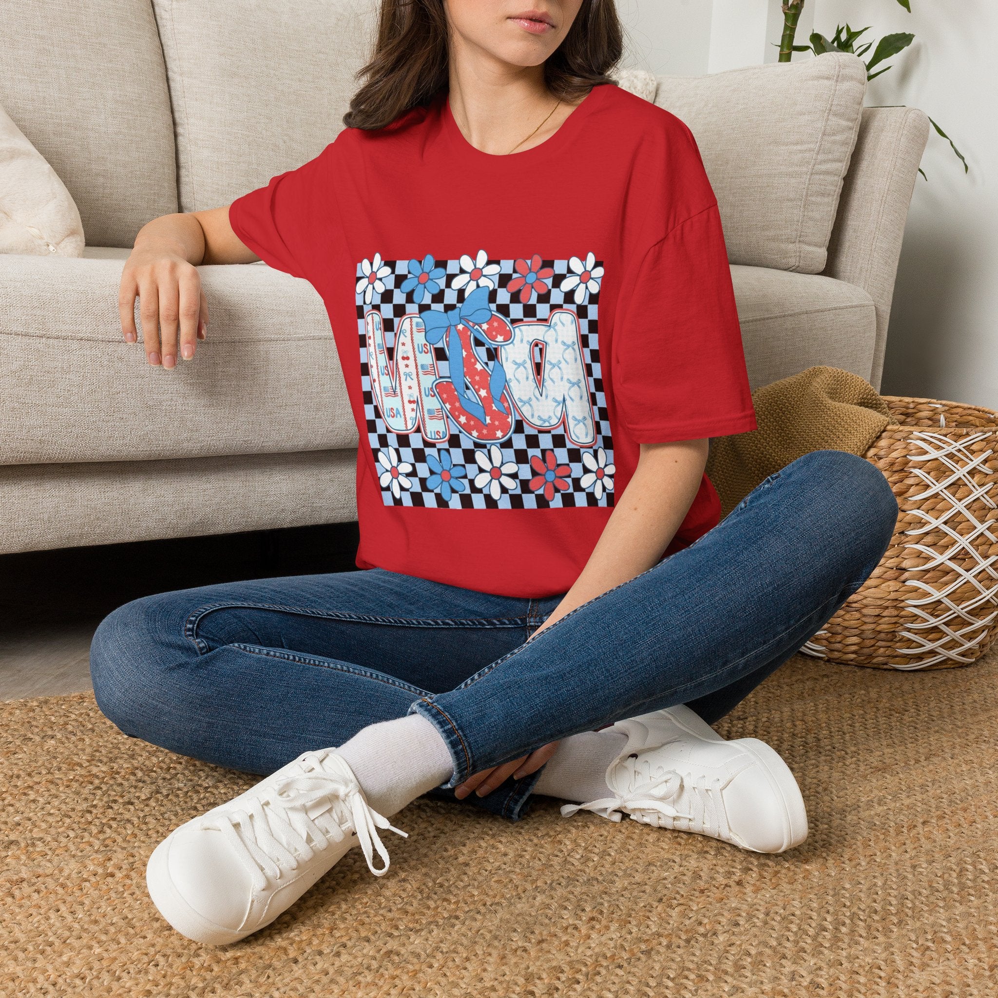 Flip Flop Summer Tee — Red Blue Floral Check Graphic T-Shirt