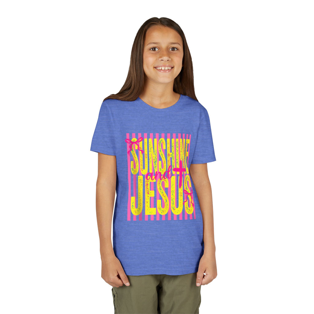 Youth Tee — "Sunshine and Jesus" Pink & Yellow Striped Christian Graphic