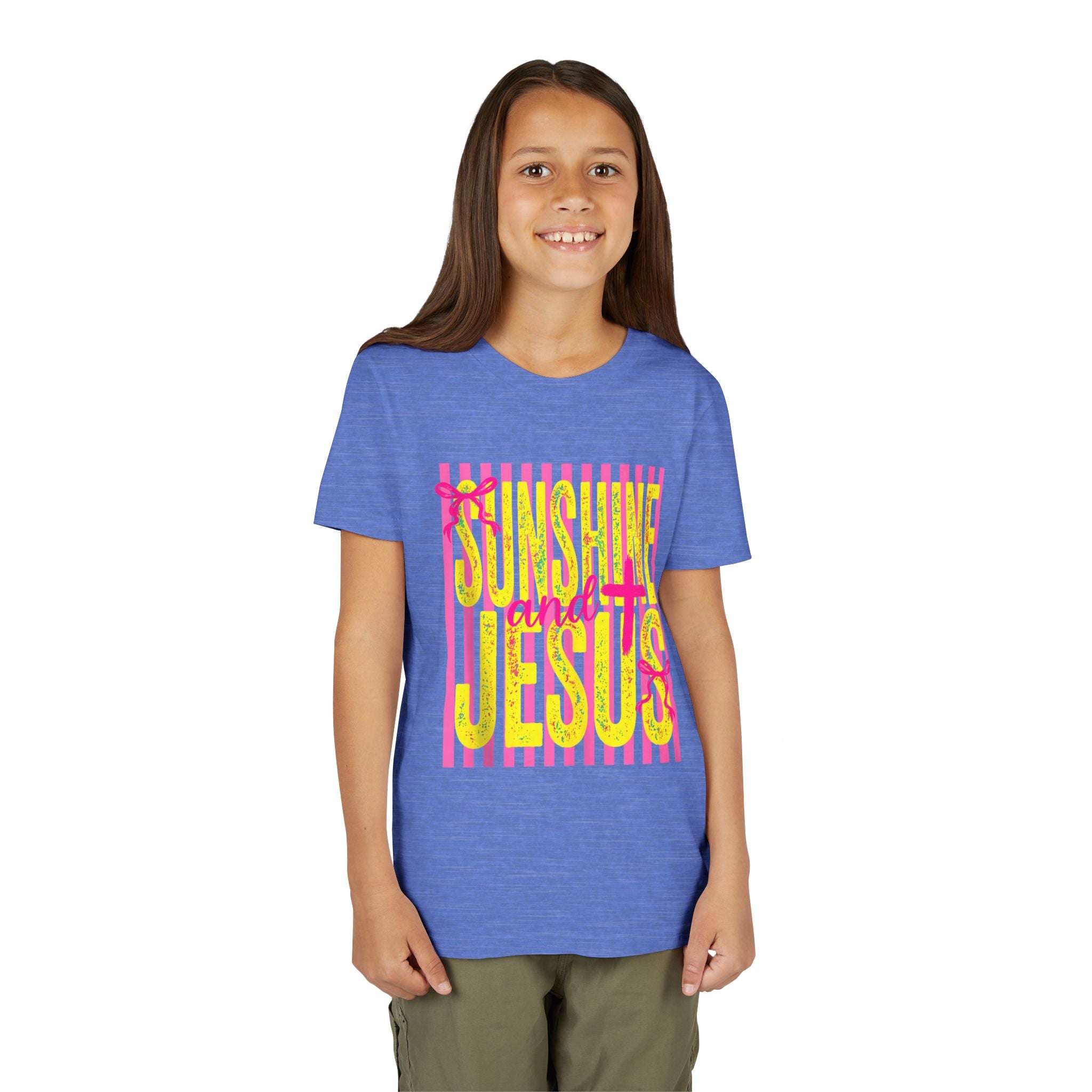 Youth Tee — "Sunshine and Jesus" Pink & Yellow Striped Christian Graphic