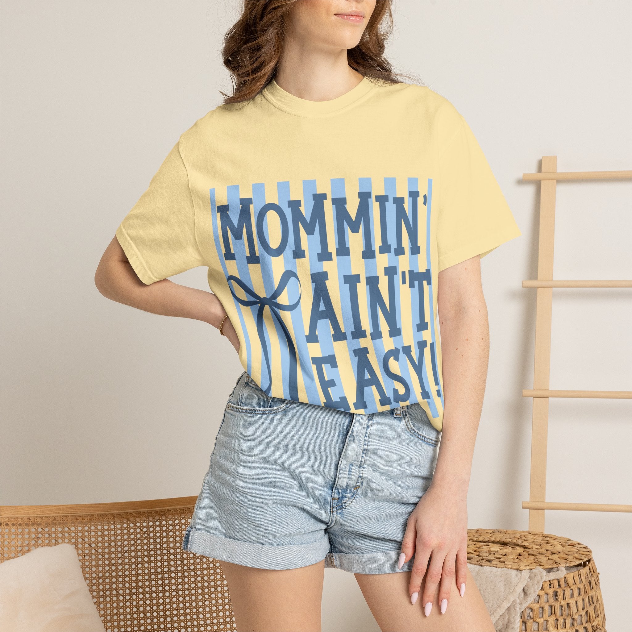 Mommin' Ain't Easy T-Shirt — Funny Mom Gift, Blue Striped Mother's Day Tee
