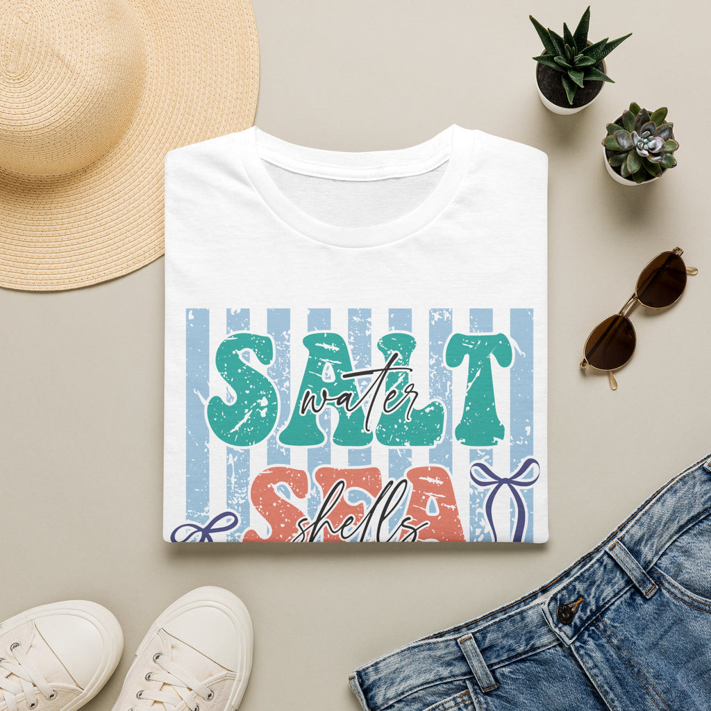 Beach Vibes T-Shirt — "Salt Water, Sea Shells, Sun" Retro Stripes