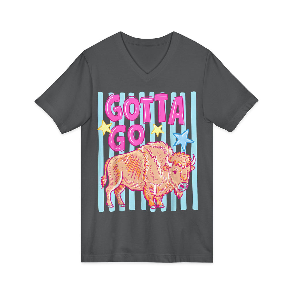 Gotta Go Buffalo V-Neck Tee — Retro Pastel Bison Graphic T-Shirt