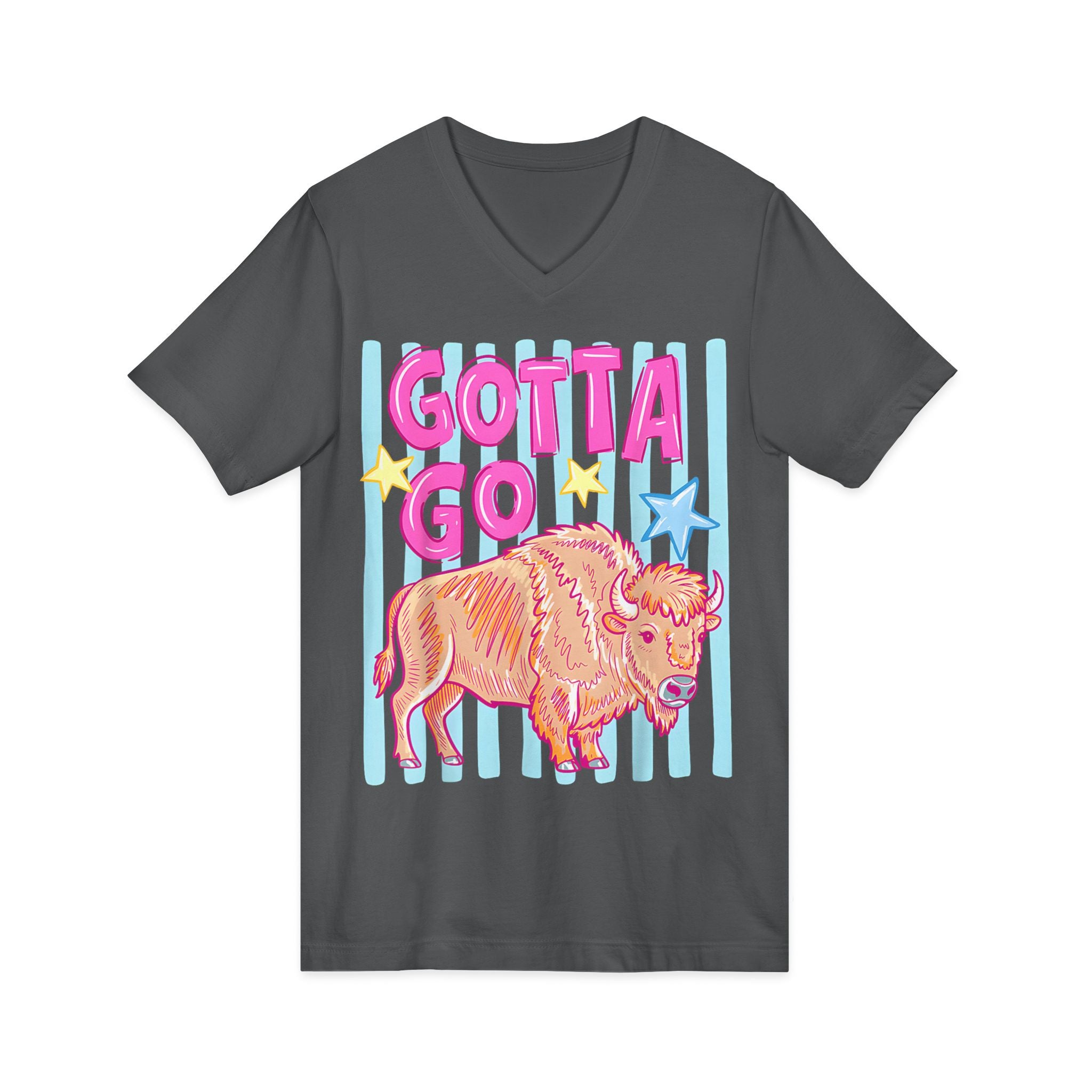 Gotta Go Buffalo V-Neck Tee — Retro Pastel Bison Graphic T-Shirt