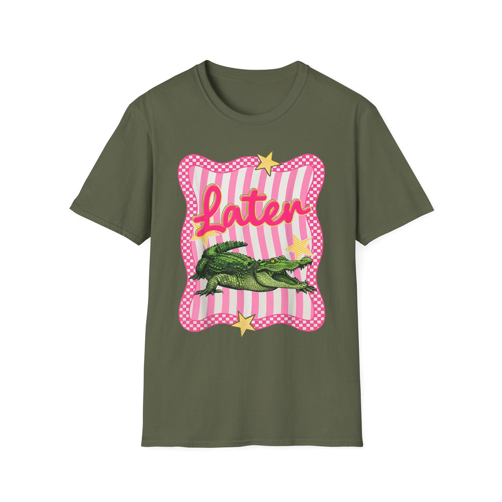 Later Graphic T‑Shirt — Retro Pink Stripe Alligator Design