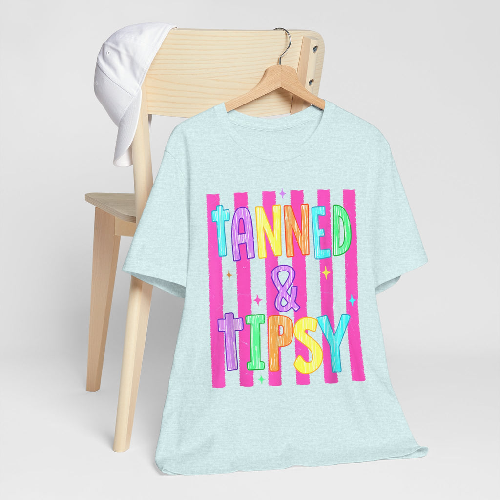 T-Shirt — "Tanned & Tipsy" Colorful Beach Party Graphic Tee