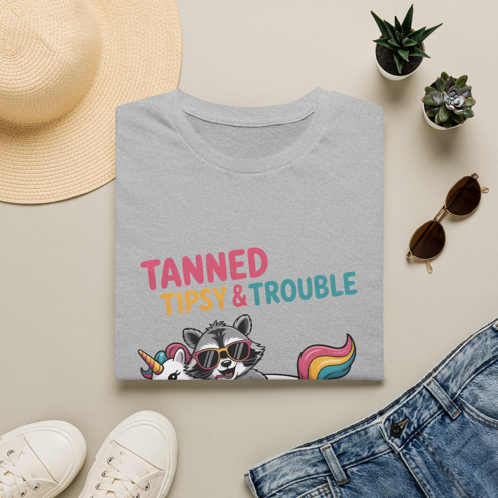 T-Shirt — "Tanned Tipsy & Trouble" Raccoon Summer Tee