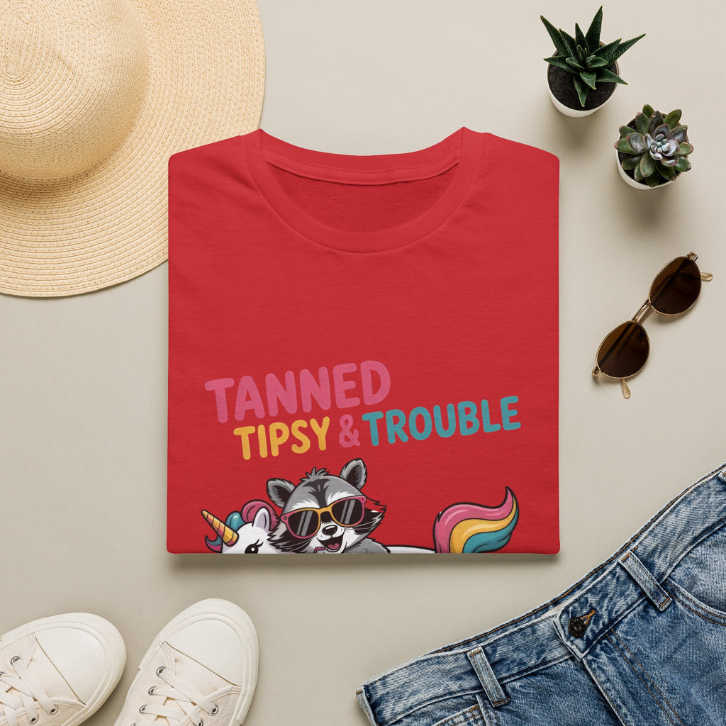 T-Shirt — "Tanned Tipsy & Trouble" Raccoon Summer Tee
