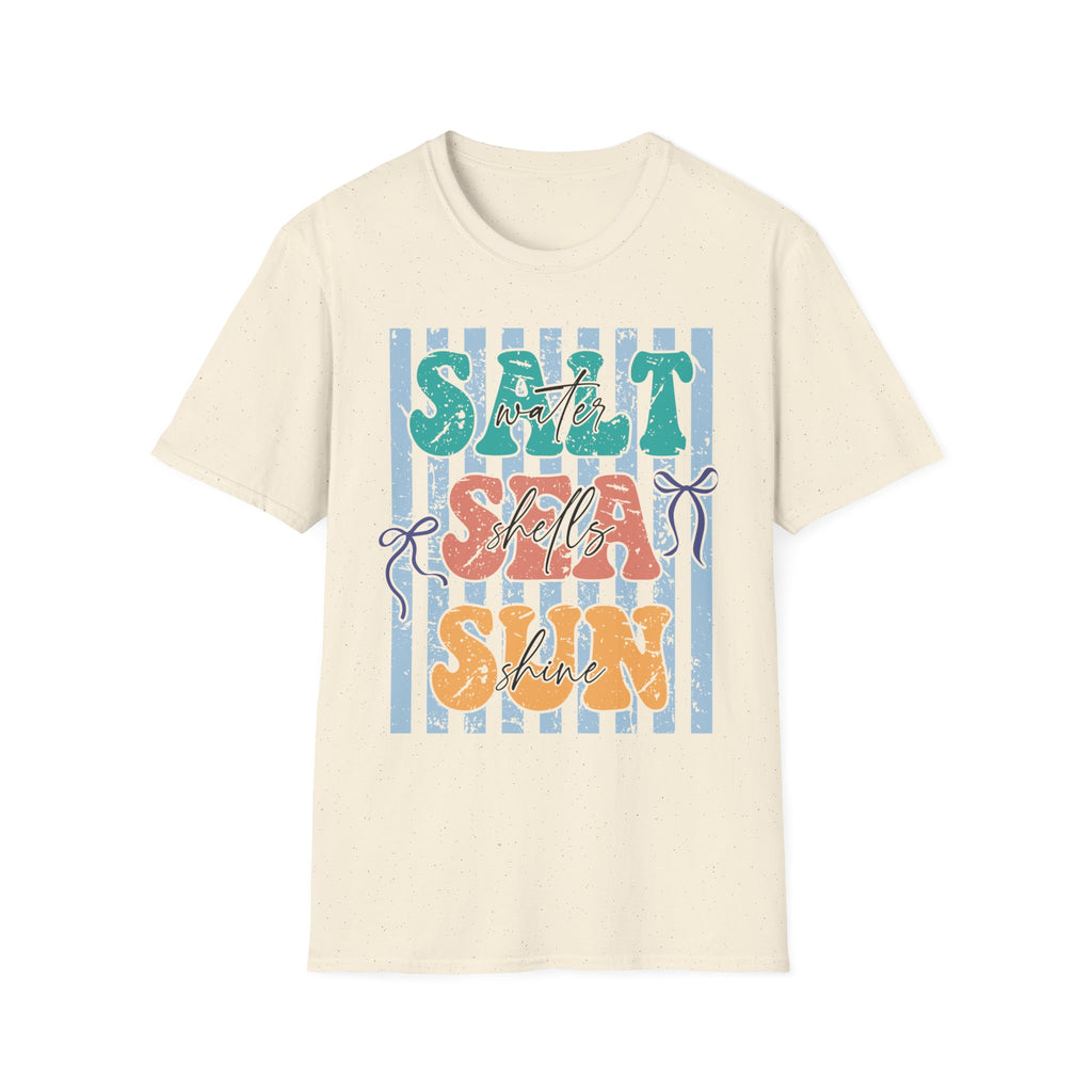 Beach Vibes T-Shirt — "Salt Water, Sea Shells, Sun" Retro Stripes