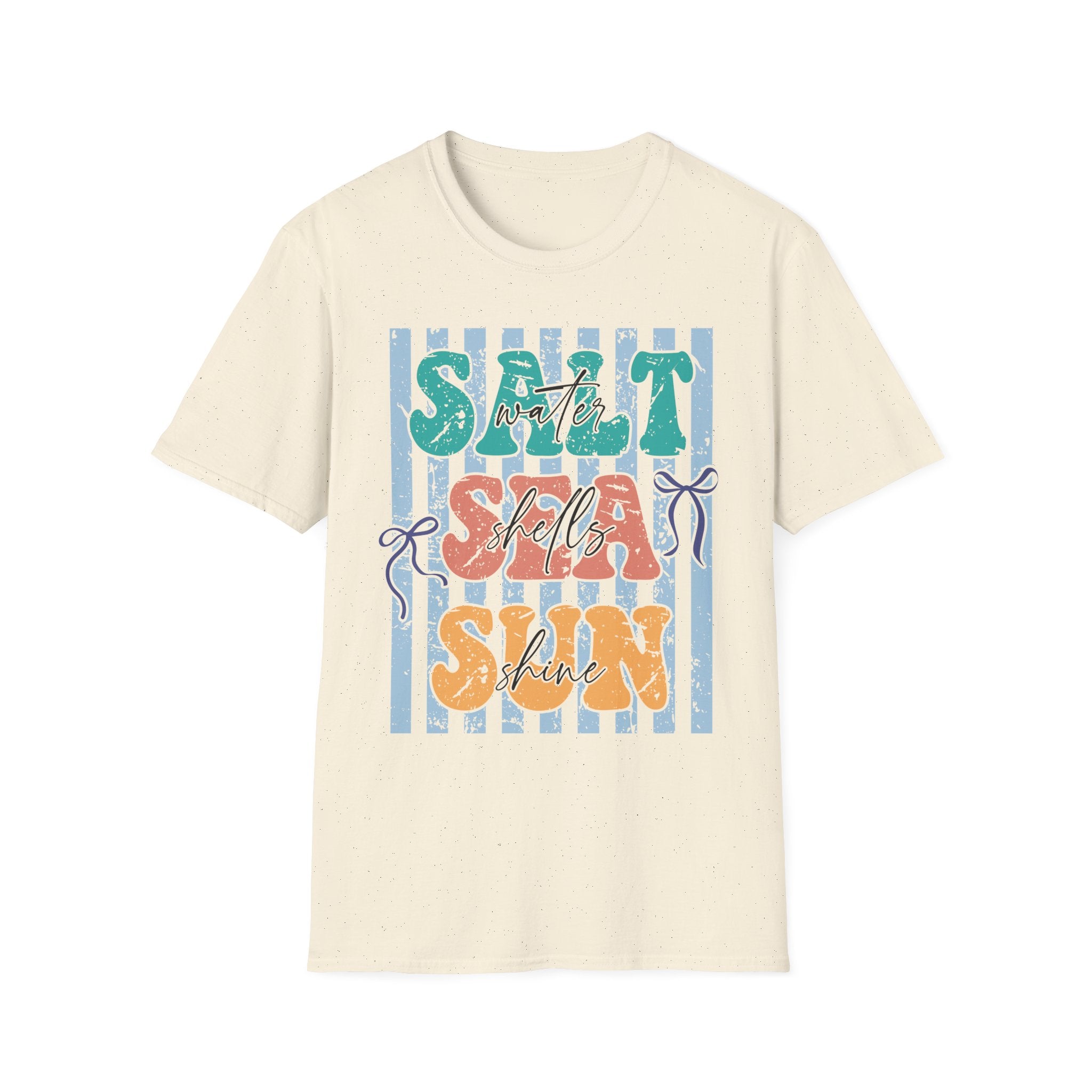 Beach Vibes T-Shirt — "Salt Water, Sea Shells, Sun" Retro Stripes