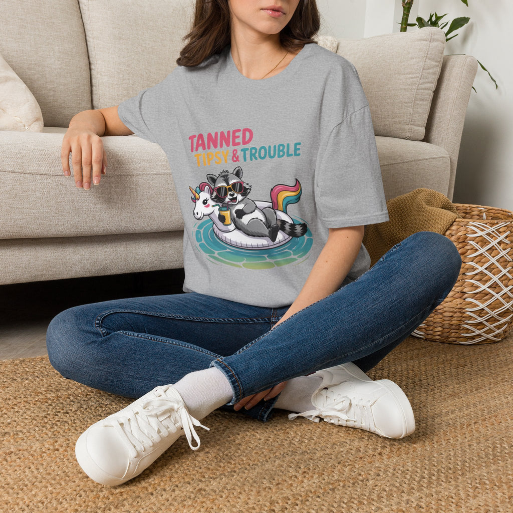T-Shirt — "Tanned Tipsy & Trouble" Raccoon Summer Tee