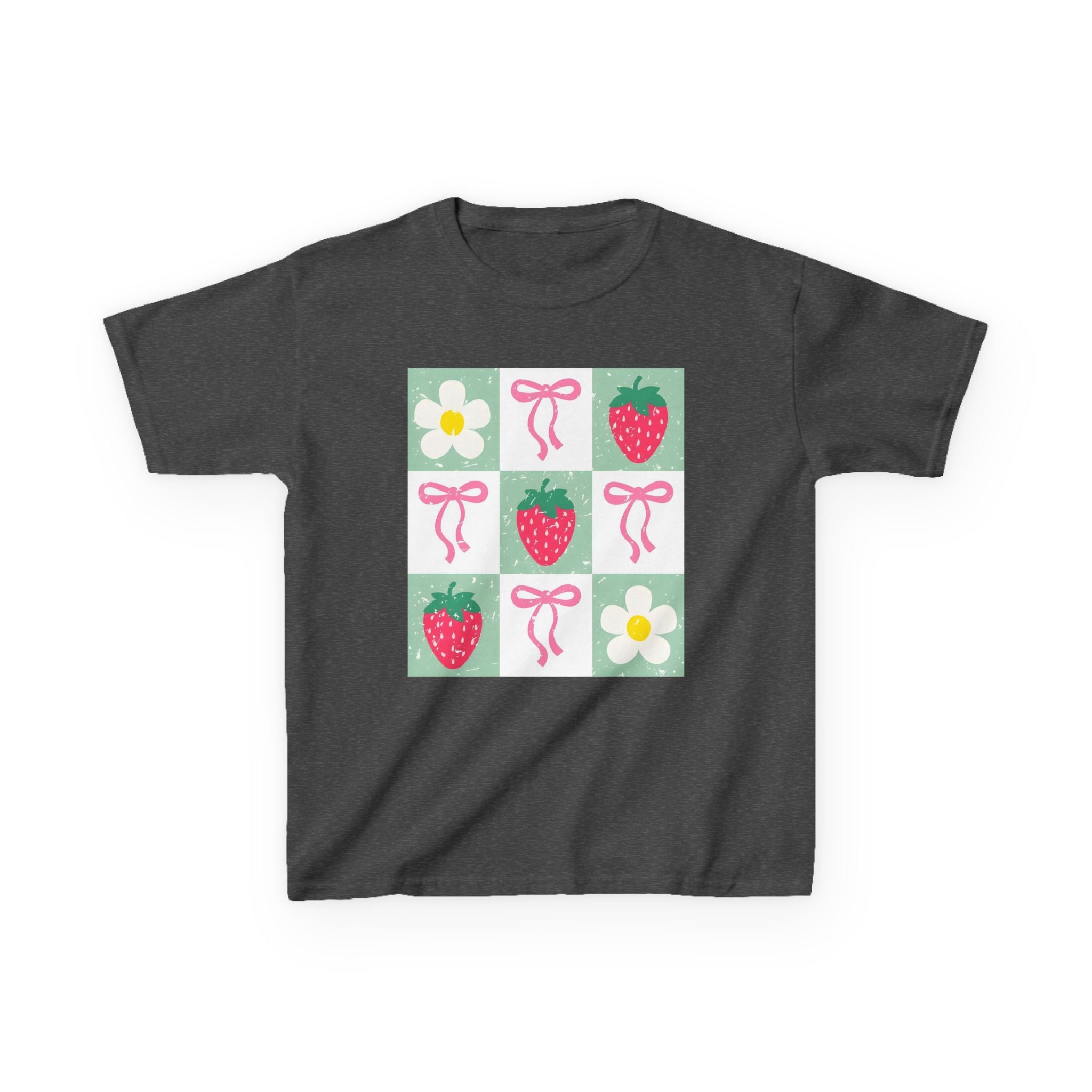 Kids Strawberry Grid Tee — Cute Strawberry & Flower Graphic T-Shirt