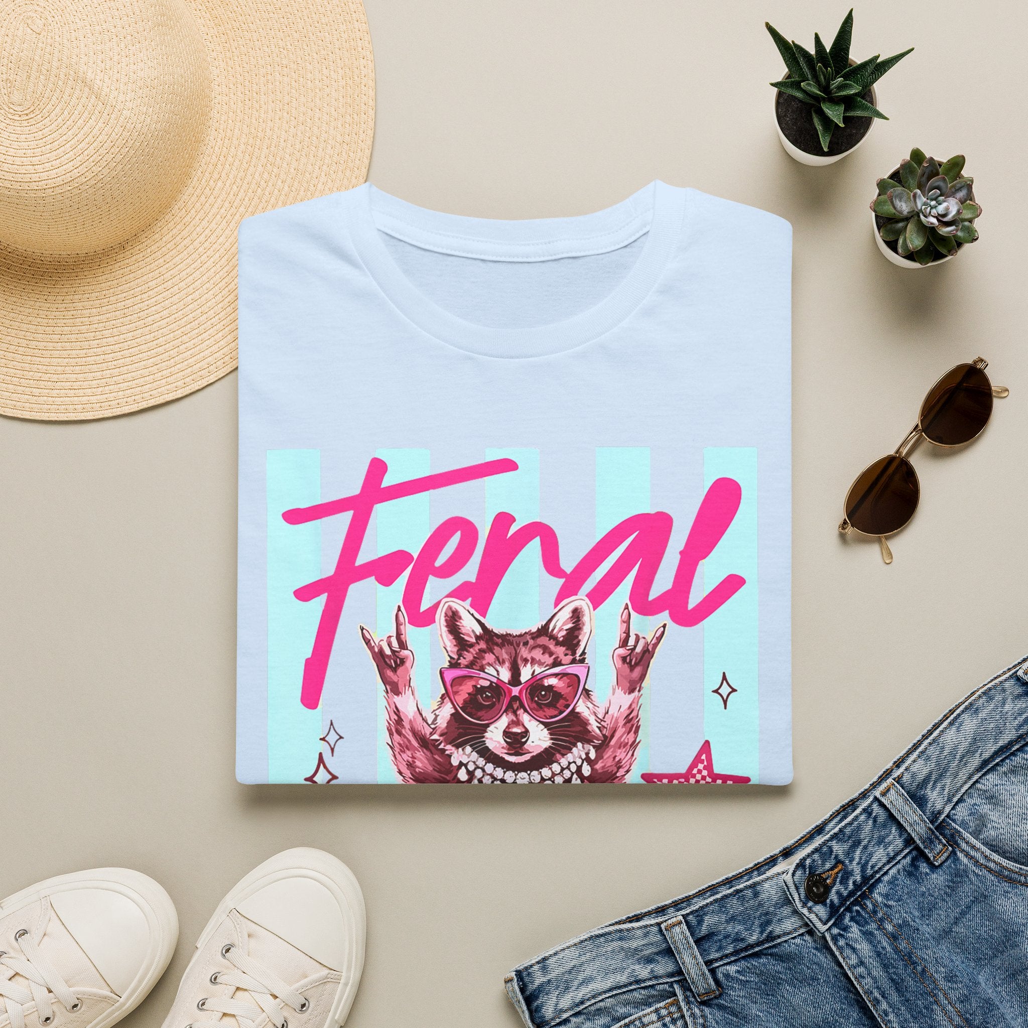 Feral Raccoon Graphic T-Shirt — Retro Pink & Teal Cute Punk Tee