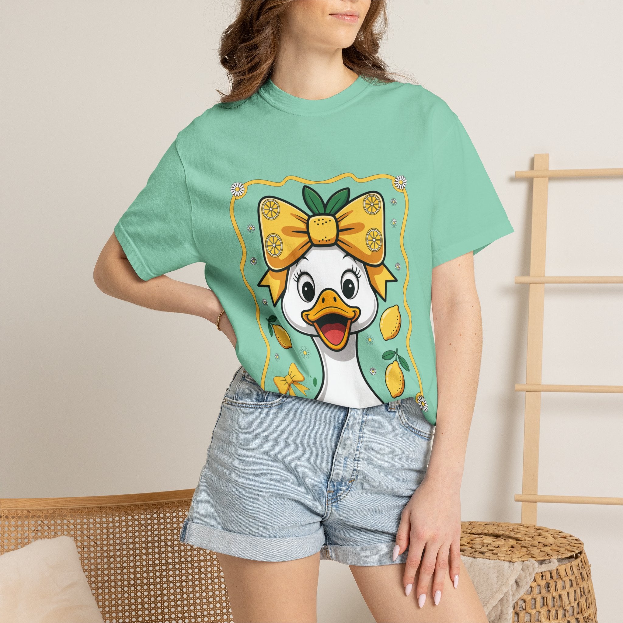 Cute Lemon Duck T-Shirt — Whimsical Duck with Bow Graphic Tee