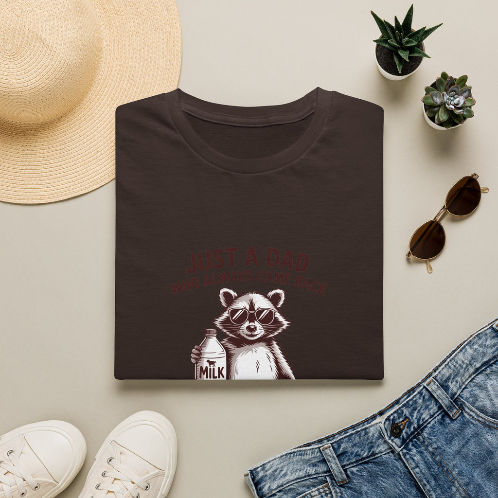 T-Shirt — "Just a Dad Who Always Came Back (With the Milk)" Cute Raccoon Father's Day Tee