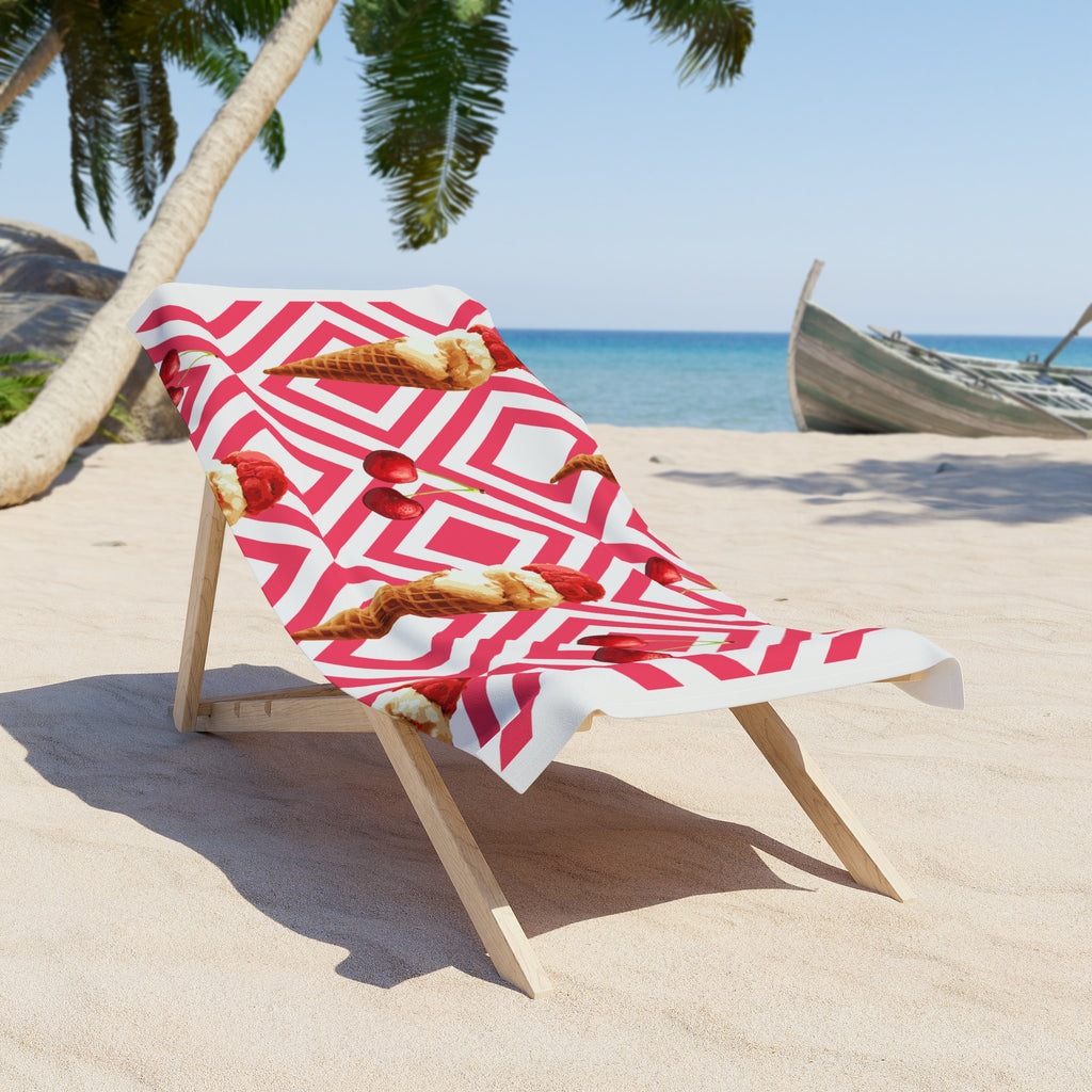 Ice Cream & Cherries Beach Towel — Retro Geometric Pink Summer Throw