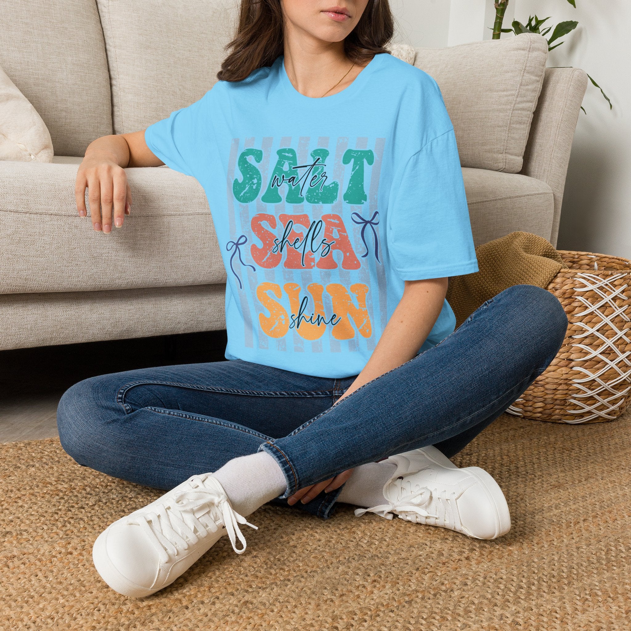 Beach Vibes T-Shirt — "Salt Water, Sea Shells, Sun" Retro Stripes
