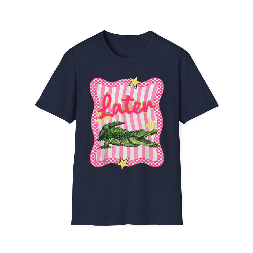 Later Graphic T‑Shirt — Retro Pink Stripe Alligator Design