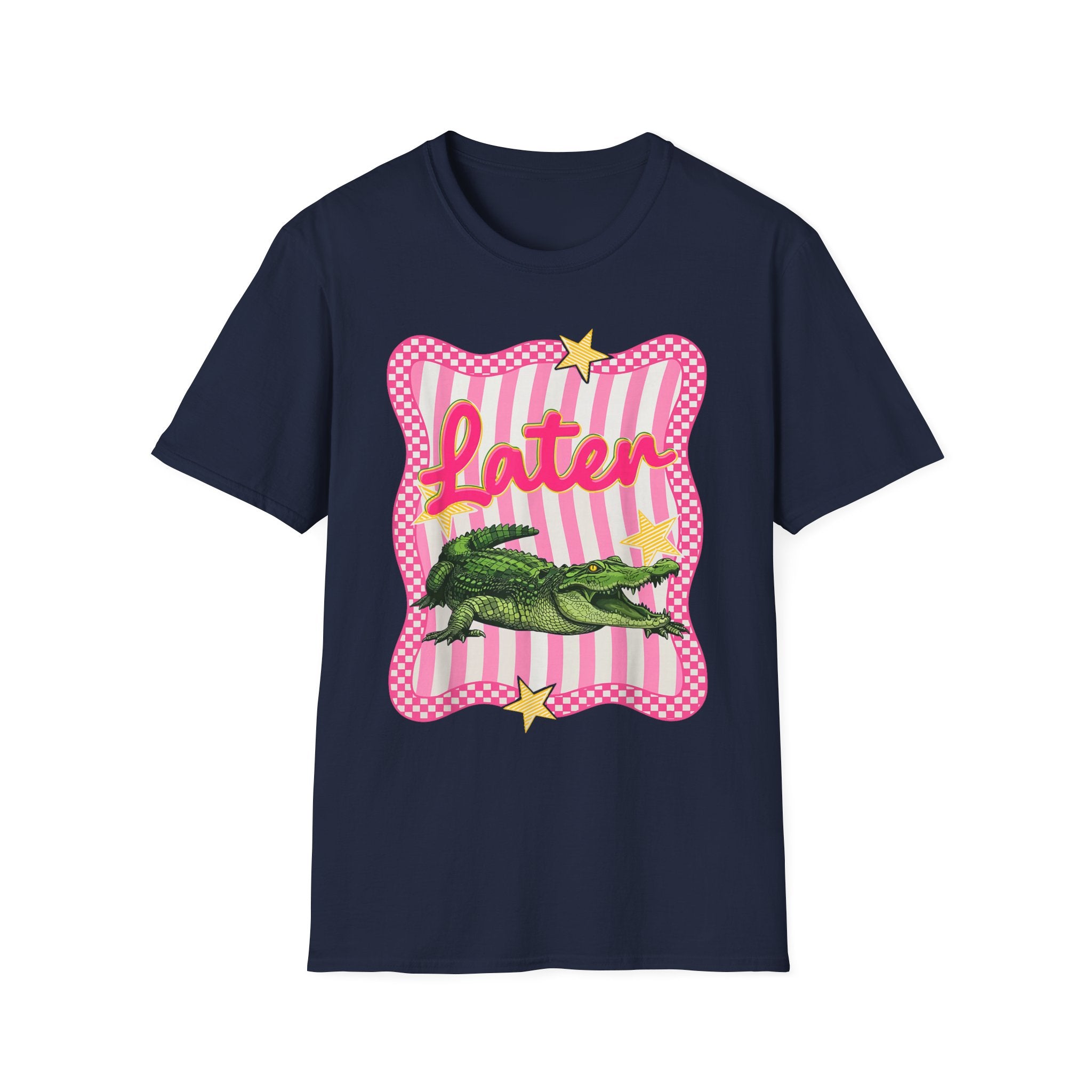 Later Graphic T‑Shirt — Retro Pink Stripe Alligator Design