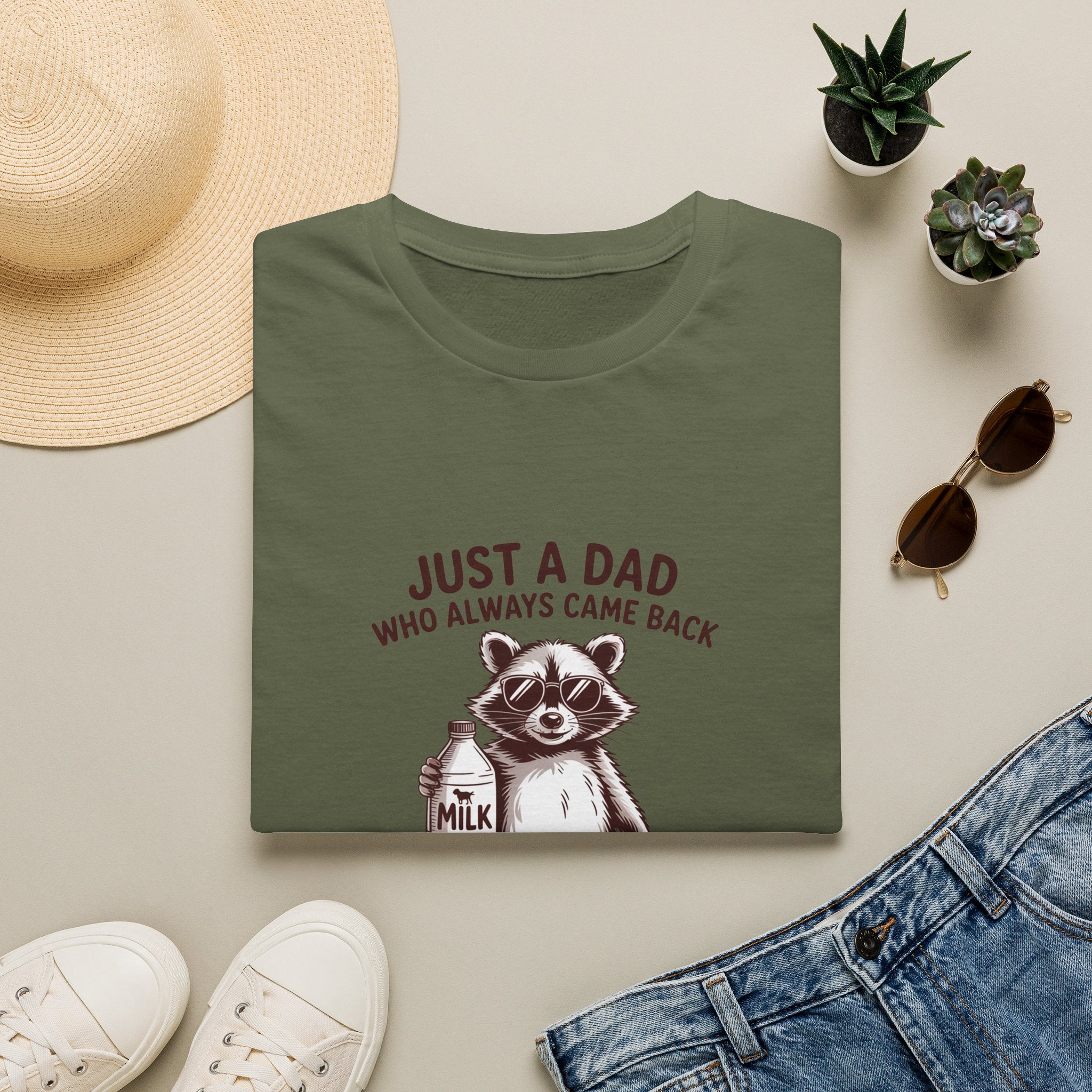 T-Shirt — "Just a Dad Who Always Came Back (With the Milk)" Cute Raccoon Father's Day Tee