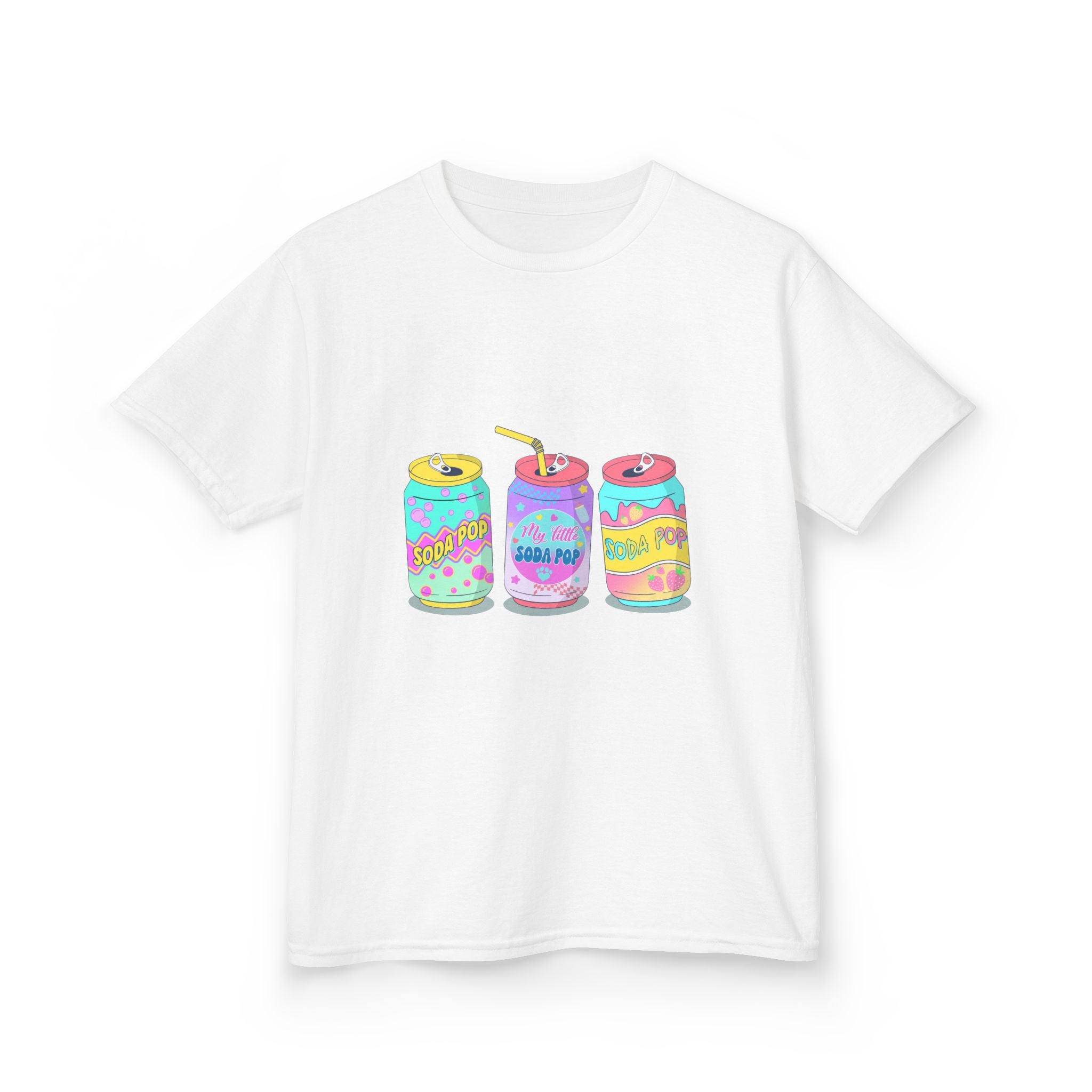 Kids T-Shirt — Colorful Soda Can Trio Graphic Tee (Cute Retro Drink Design)