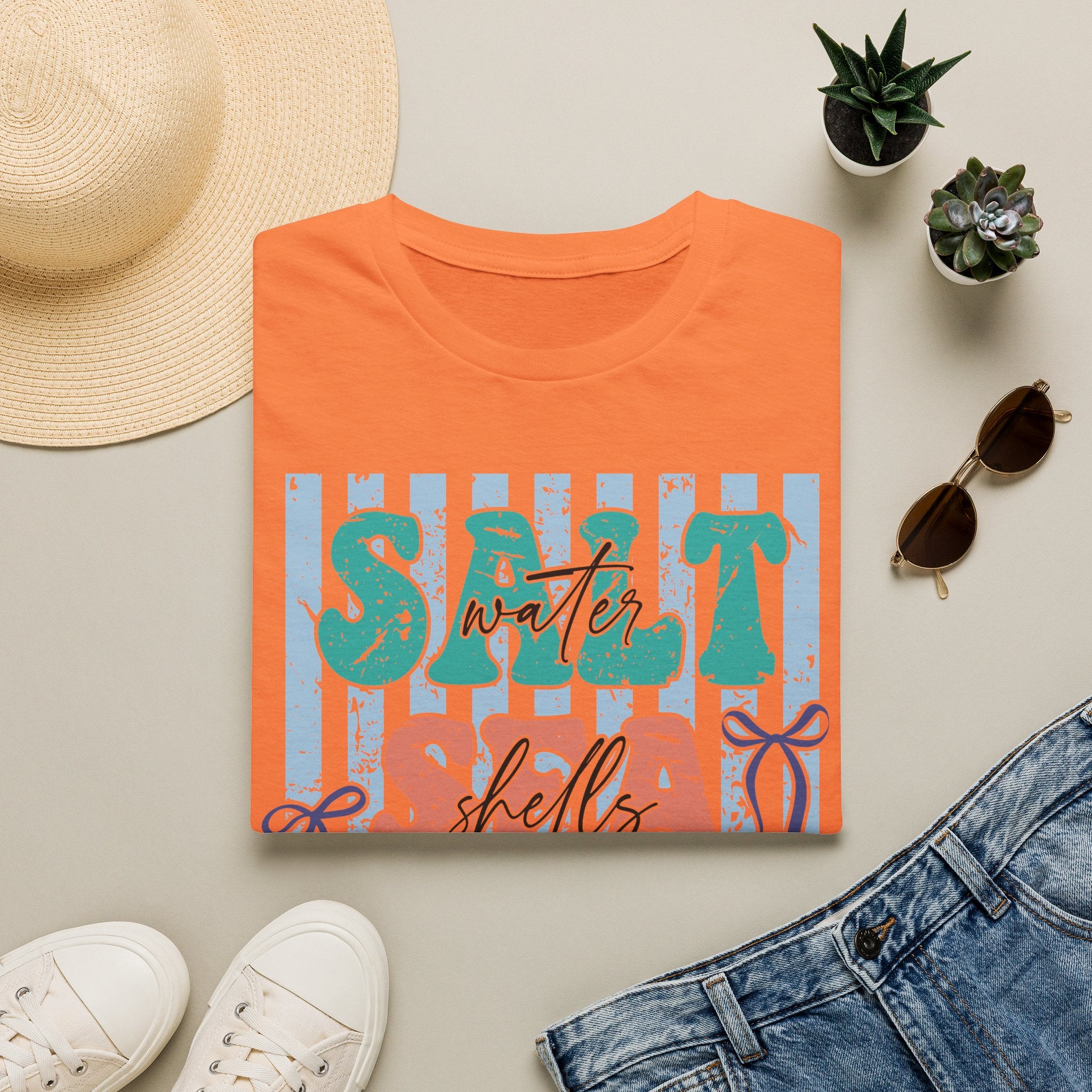 Beach Vibes T-Shirt — "Salt Water, Sea Shells, Sun" Retro Stripes