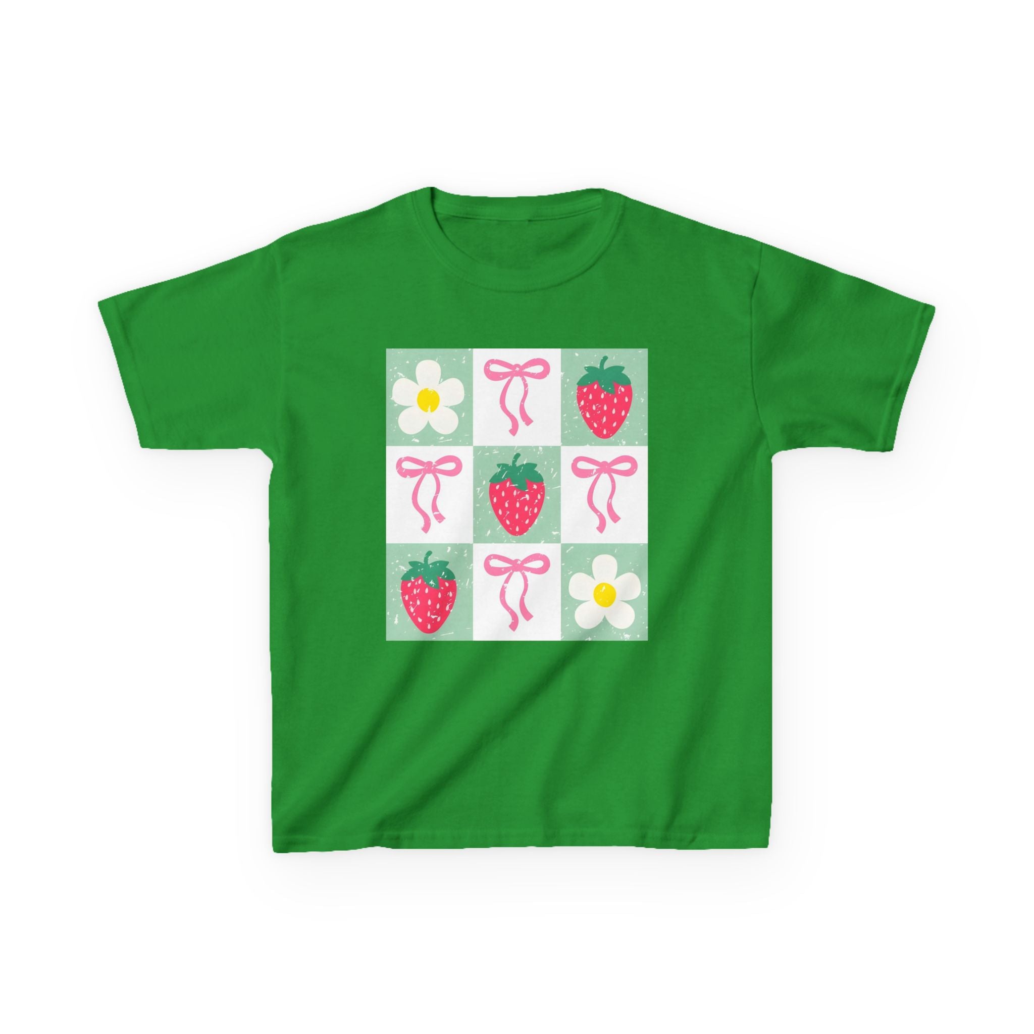 Kids Strawberry Grid Tee — Cute Strawberry & Flower Graphic T-Shirt