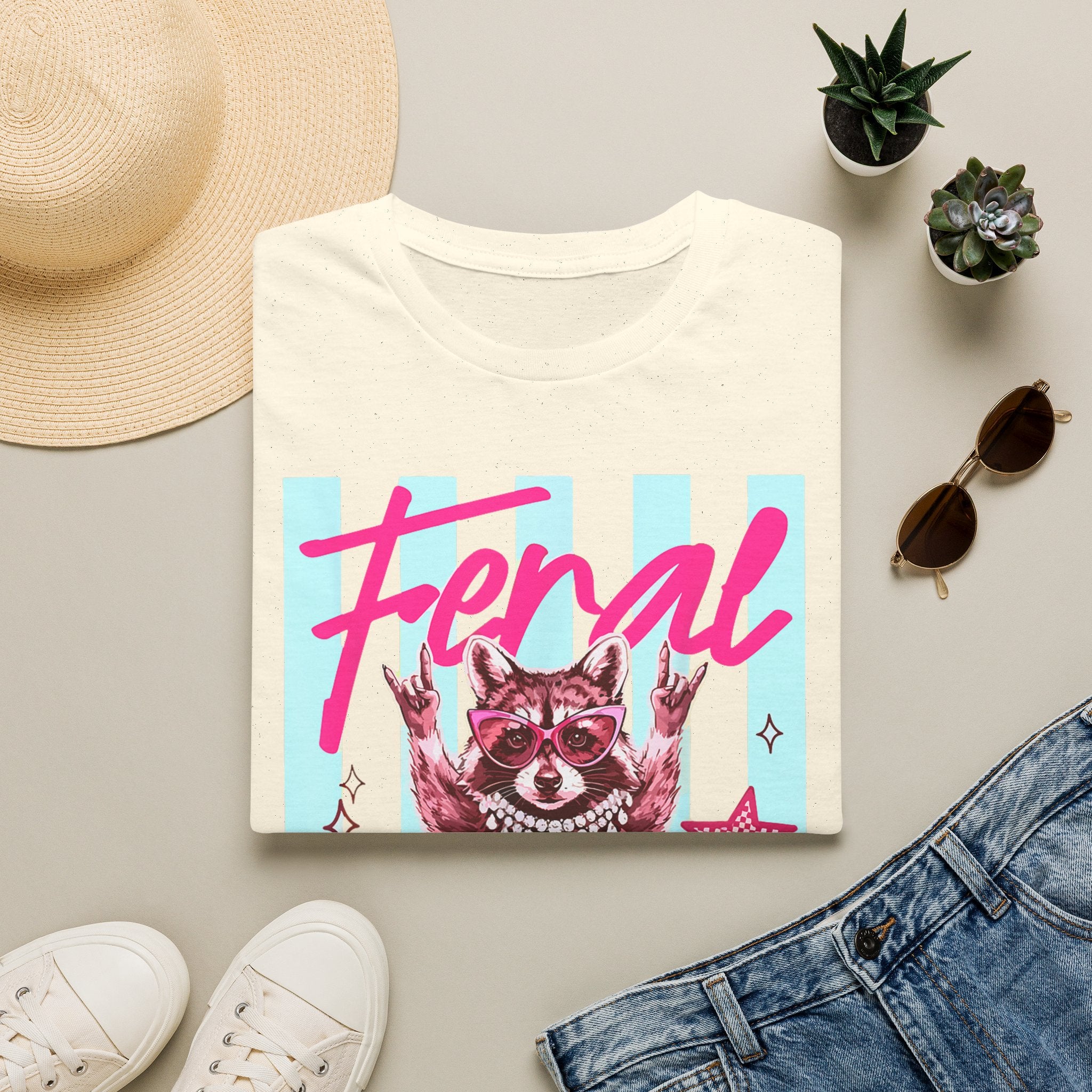 Feral Raccoon Graphic T-Shirt — Retro Pink & Teal Cute Punk Tee