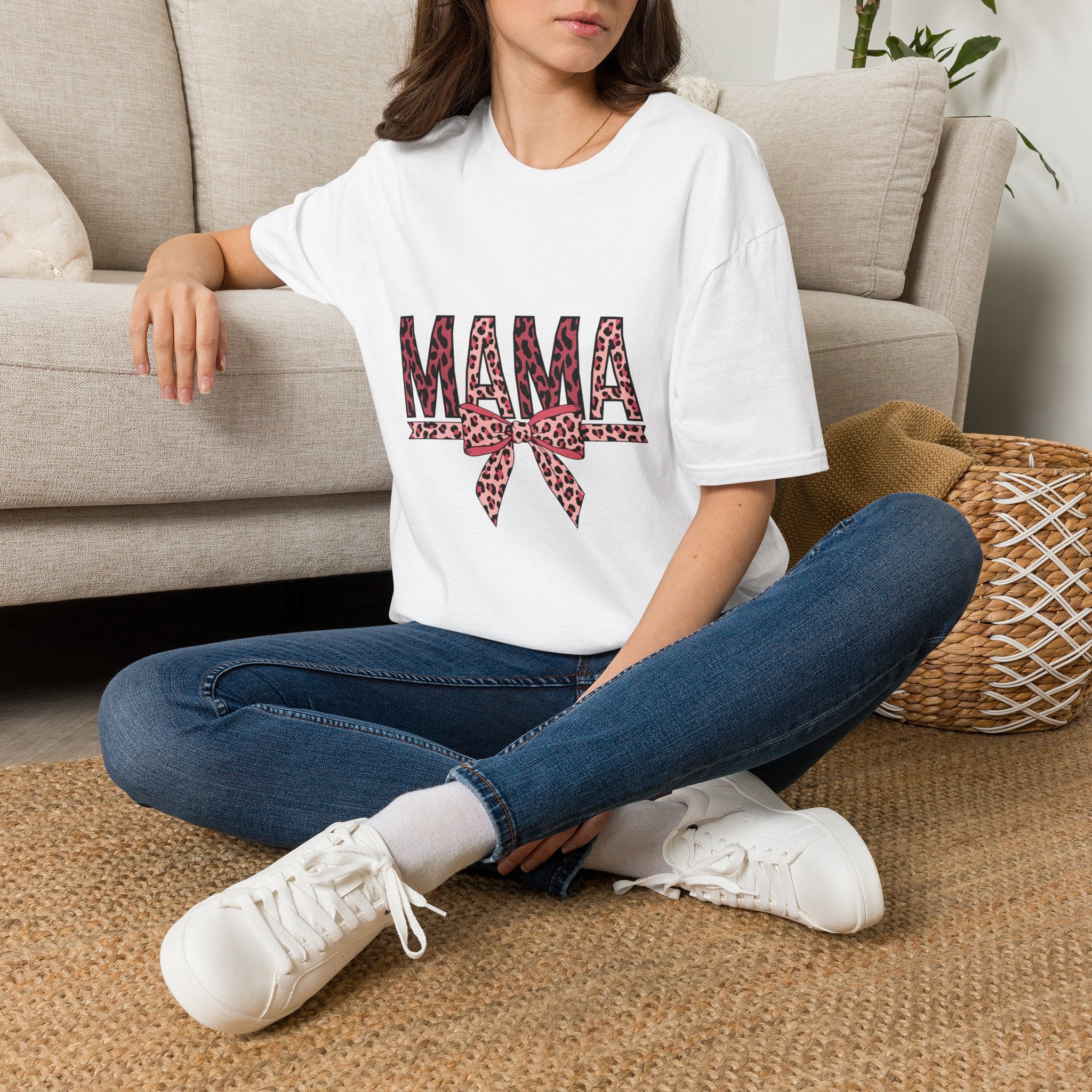 Mama Leopard Print T-Shirt — Pink Bow Mom Tee
