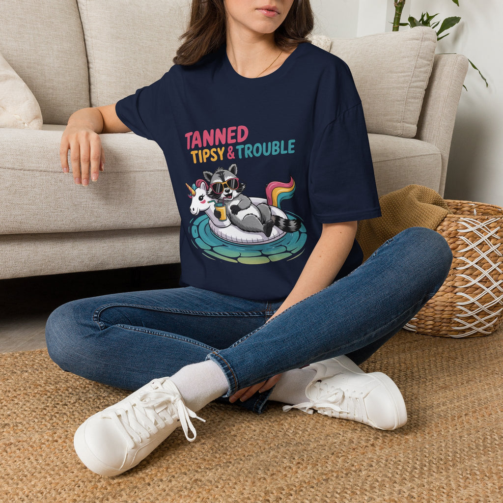 T-Shirt — "Tanned Tipsy & Trouble" Raccoon Summer Tee