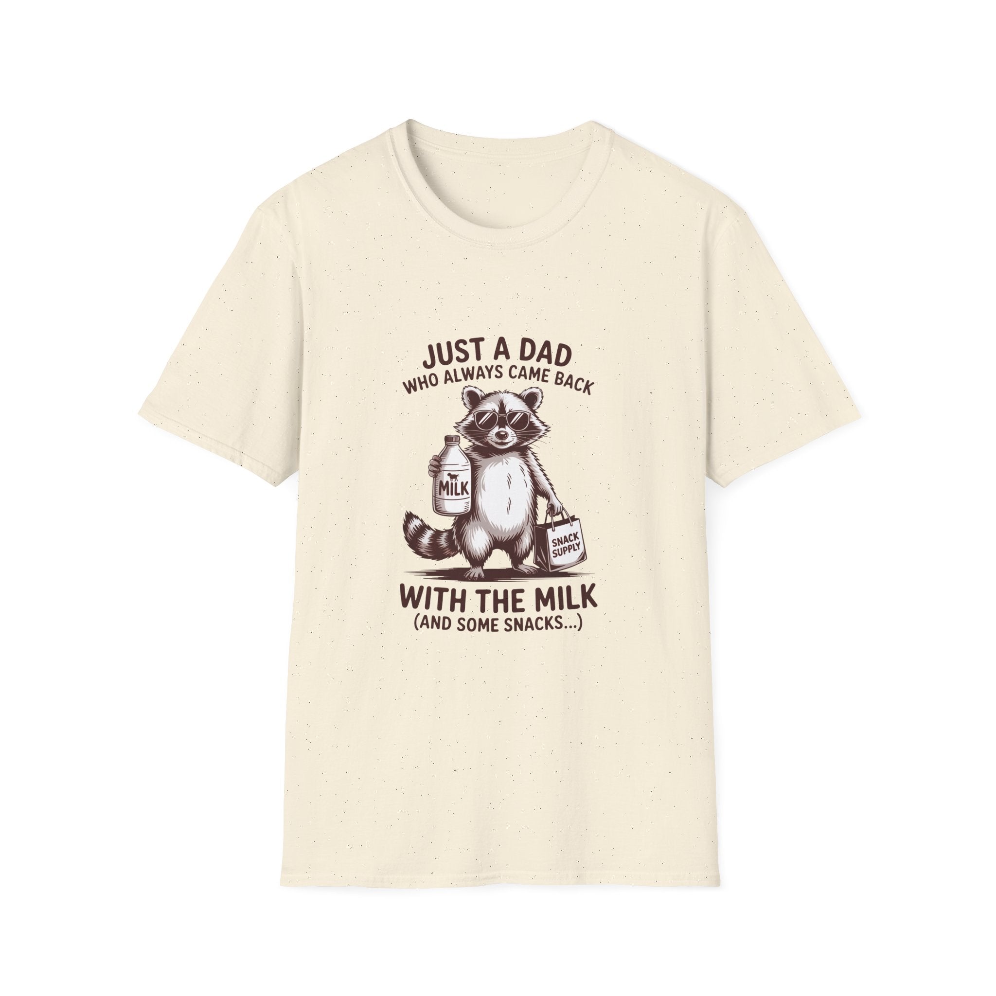 T-Shirt — "Just a Dad Who Always Came Back (With the Milk)" Cute Raccoon Father's Day Tee