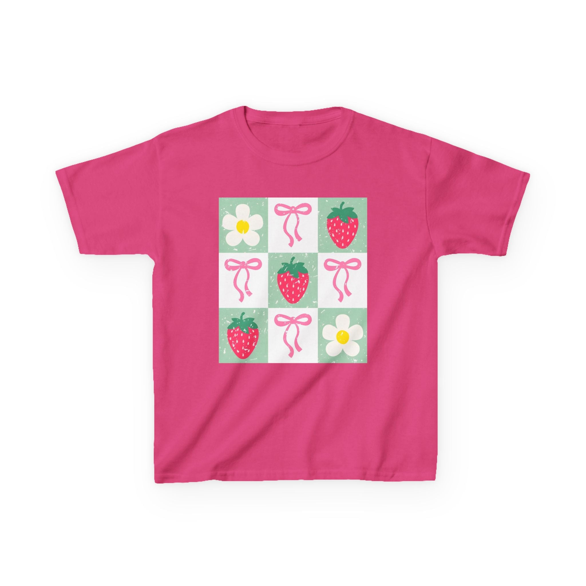 Kids Strawberry Grid Tee — Cute Strawberry & Flower Graphic T-Shirt