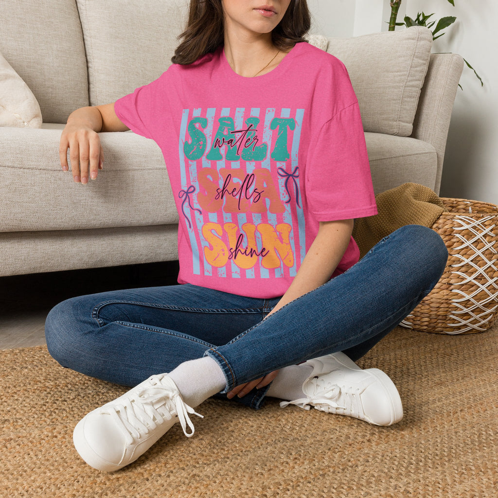 Beach Vibes T-Shirt — "Salt Water, Sea Shells, Sun" Retro Stripes