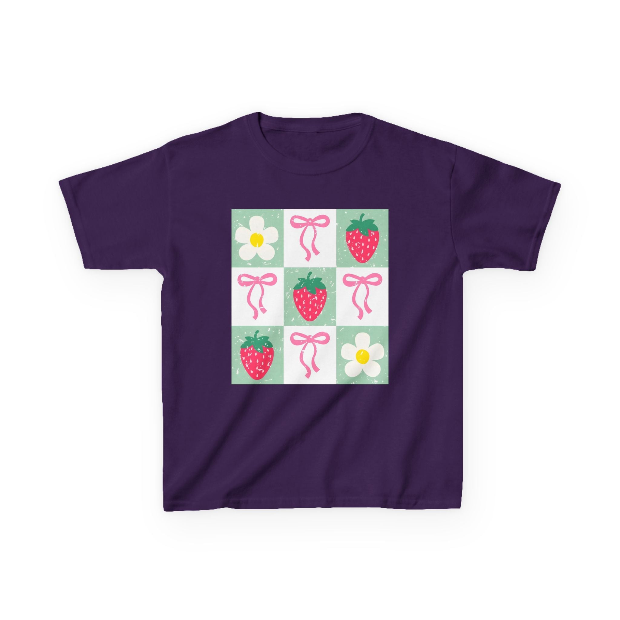Kids Strawberry Grid Tee — Cute Strawberry & Flower Graphic T-Shirt